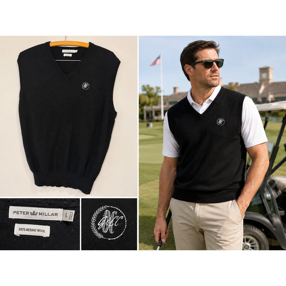Peter Millar Mens Black 100% Merino Wool V-Neck Golf Sweater Vest Logo Large